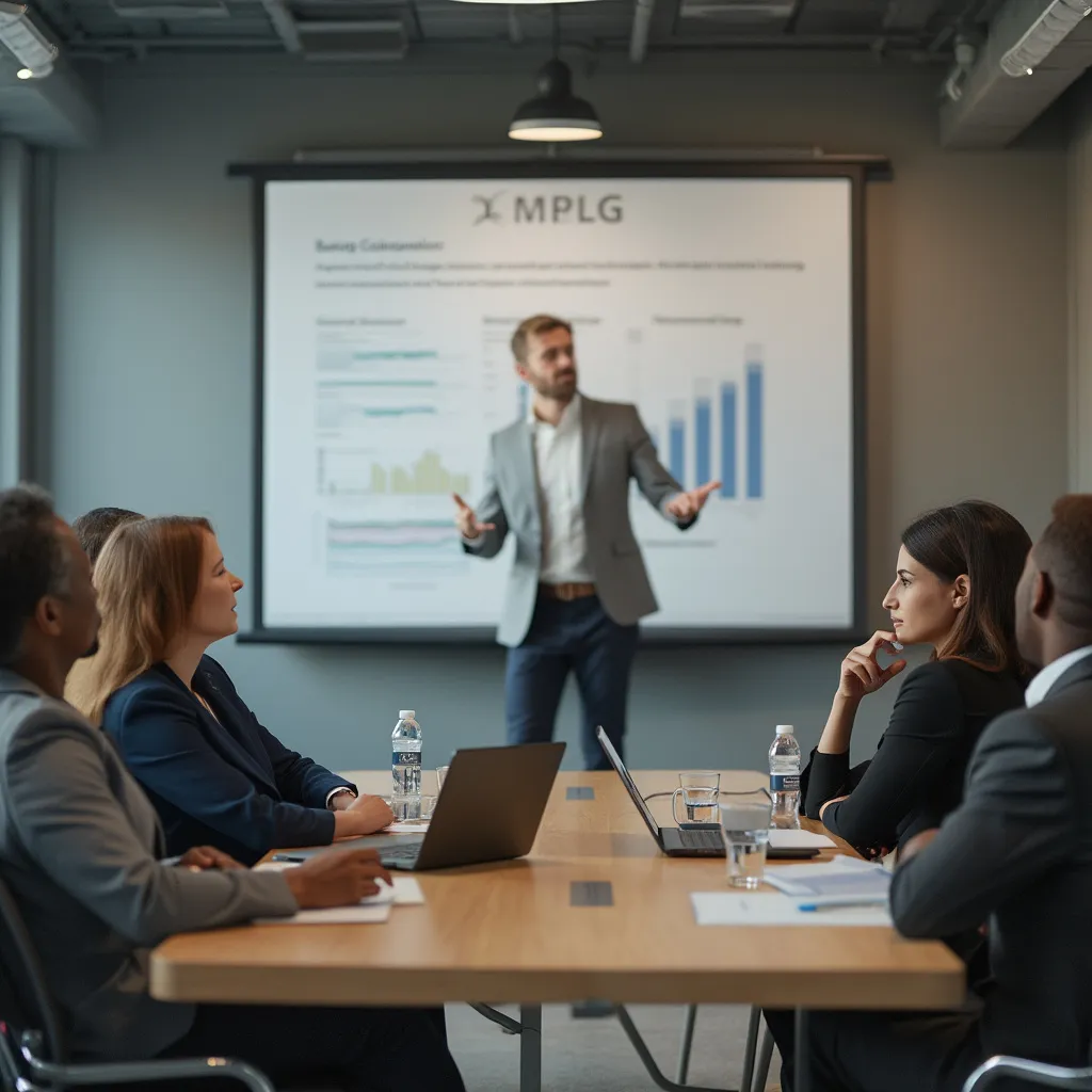 Incontro strategico con lavagna e diagrammi in real room